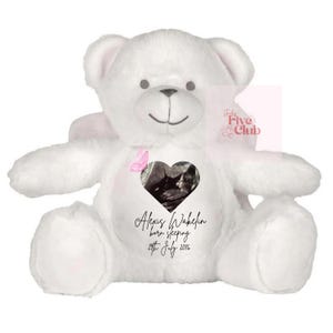 Könnte beinhalten: Ein weißer Teddybär mit einem herzförmigen Ultraschallbild auf der Brust. Ein rosa Schmetterling befindet sich in der Nähe des Herzens. Der Bär trägt den Text "Alexis Wakelin born sleeping 29th July 2016".