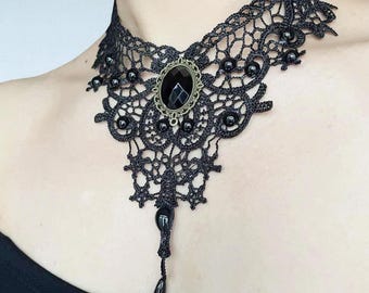 Gothic Black Lace Choker: Victorian Gemstone Pendant, Adjustable