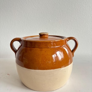 Vintage tvåfärgad bönkruka i stengods | Brun droppglasyr, lantlig lerkruka