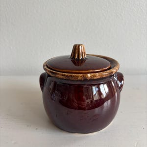 May include: A small, round, brown ceramic pot with a lid. The pot has two small handles and a knob on the lid. The pot is glossy and reflects the light. The lid has a lighter brown rim.