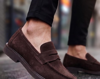 Handgemaakte Penny Suède Loafers | Instapschoenen van echt leer | Nette vrijetijdsschoenen | Moderne formele schoenen voor heren