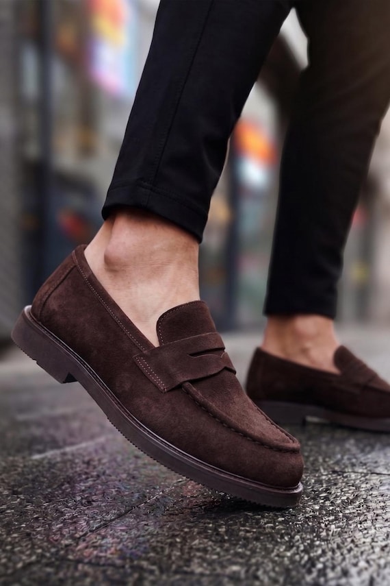 Handmade Penny Suede Loafers | Genuine Leather Slip-On Shoes | Smart Casual Dress Shoes | Modern Mens Formal Footwear
