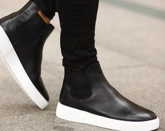 Botas Chelsea de couro masculinas | Botas de cano curto com sola de tênis para homens | Disponíveis em 5 cores | Calçados casuais sem cadarço | Calçados masculinos streetwear
