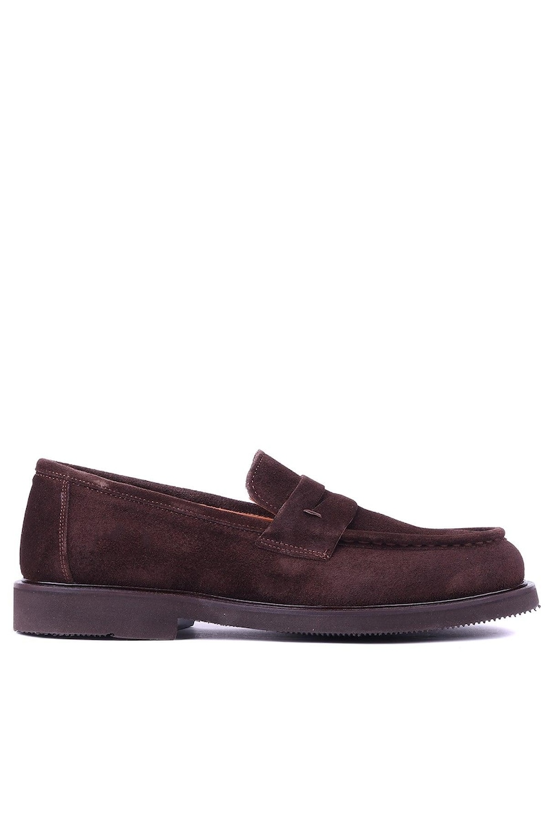 May include: A single brown suede loafer with a penny strap. The shoe has a rounded toe and a thick, dark brown sole. The shoe is designed for comfort and style.