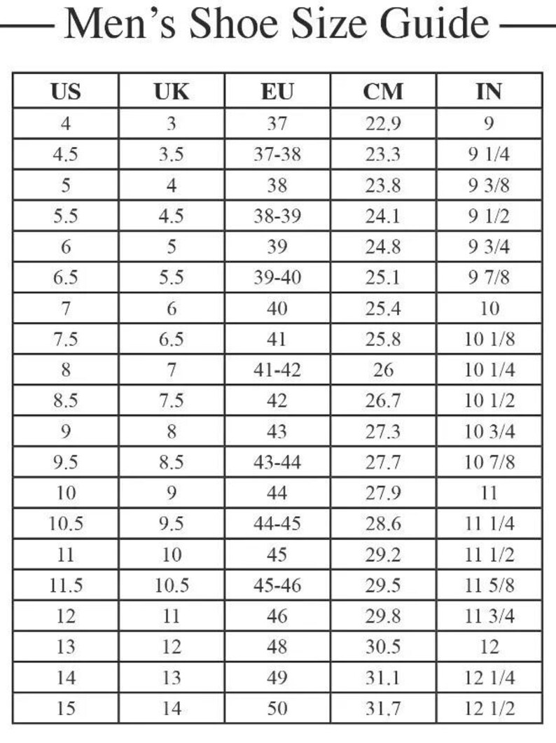 Op de afbeelding: Een schoenmatentabel voor heren, met US, UK, EU, CM en IN maten. De tabel bevat maten van US 4 (22,9 cm, 9 inch) tot US 15 (31,7 cm, 12 1/2 inch), met bijbehorende UK en EU maten.