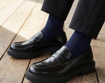 Penny-loafers voor heren met dikke zool | Gepolijste zwart-bruine leren instappers | Nette vrijetijdsschoenen | Moderne formele schoenen voor heren