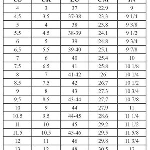 May include: A black and white chart titled "Men's Shoe Size Guide" with size conversions for US, UK, EU, CM, and IN. Sizes range from US 4 (22.9 cm, 9 in) to US 15 (31.7 cm, 12 1/2 in).