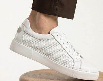 Echte leren sneakers voor heren | Jurk met geweven detail | Zwarte en witte nette vrijetijdsschoenen | Leren herenschoenen voor dagelijks gebruik