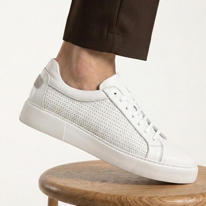 Genuine Leather Sneakers for Men | Woven Detail Dress Sneakers | Black & White Smart Casual Shoes | Everyday Mens Leather Shoes image 1