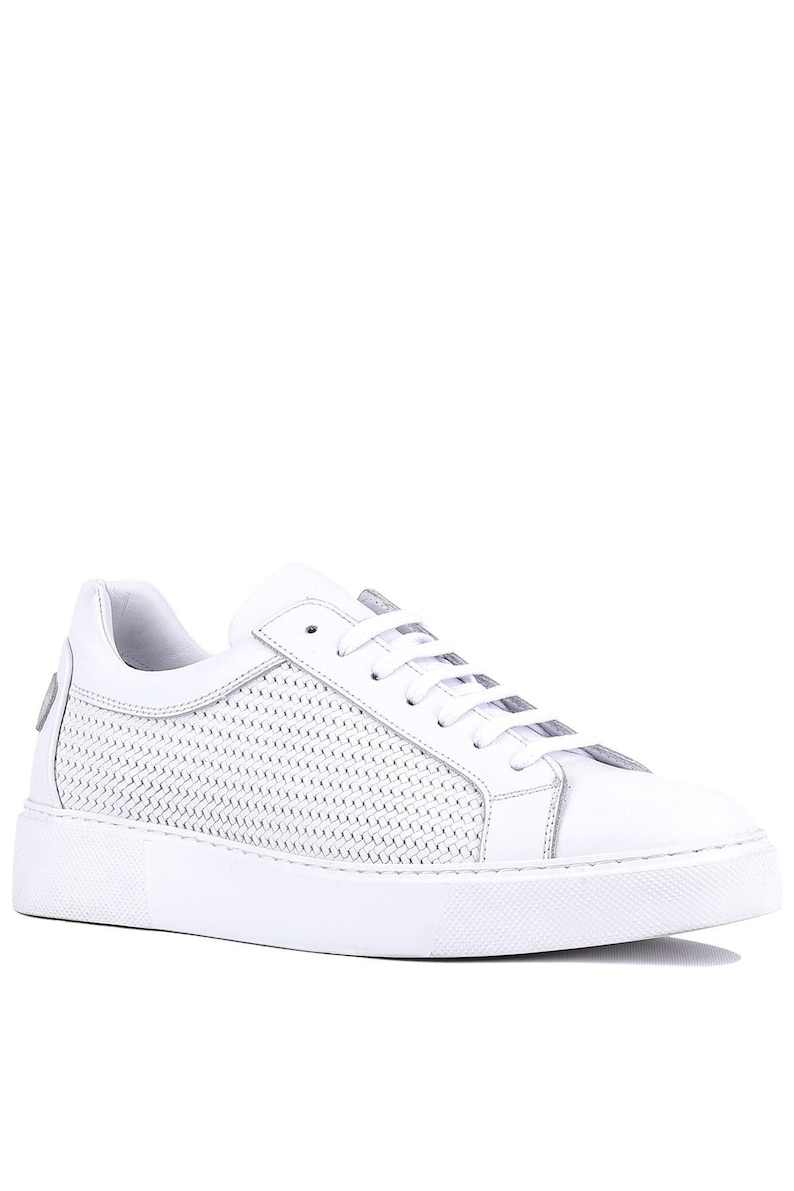 Genuine Leather Sneakers for Men | Woven Detail Dress Sneakers | Black & White Smart Casual Shoes | Everyday Mens Leather Shoes image 3