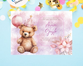 Invitación imprimible para fiesta de cumpleaños con osito de peluche