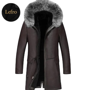Men's Genuine Leather Shearling Coat: faux Fur Hood, Handmade, Custom Fit-Christmas sale Limited Time