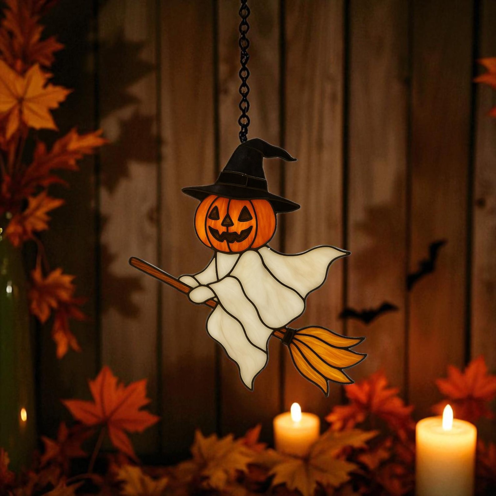 Halloween Stained Glass Pattern Pumpkin Ghost Suncatcher Template (PDF