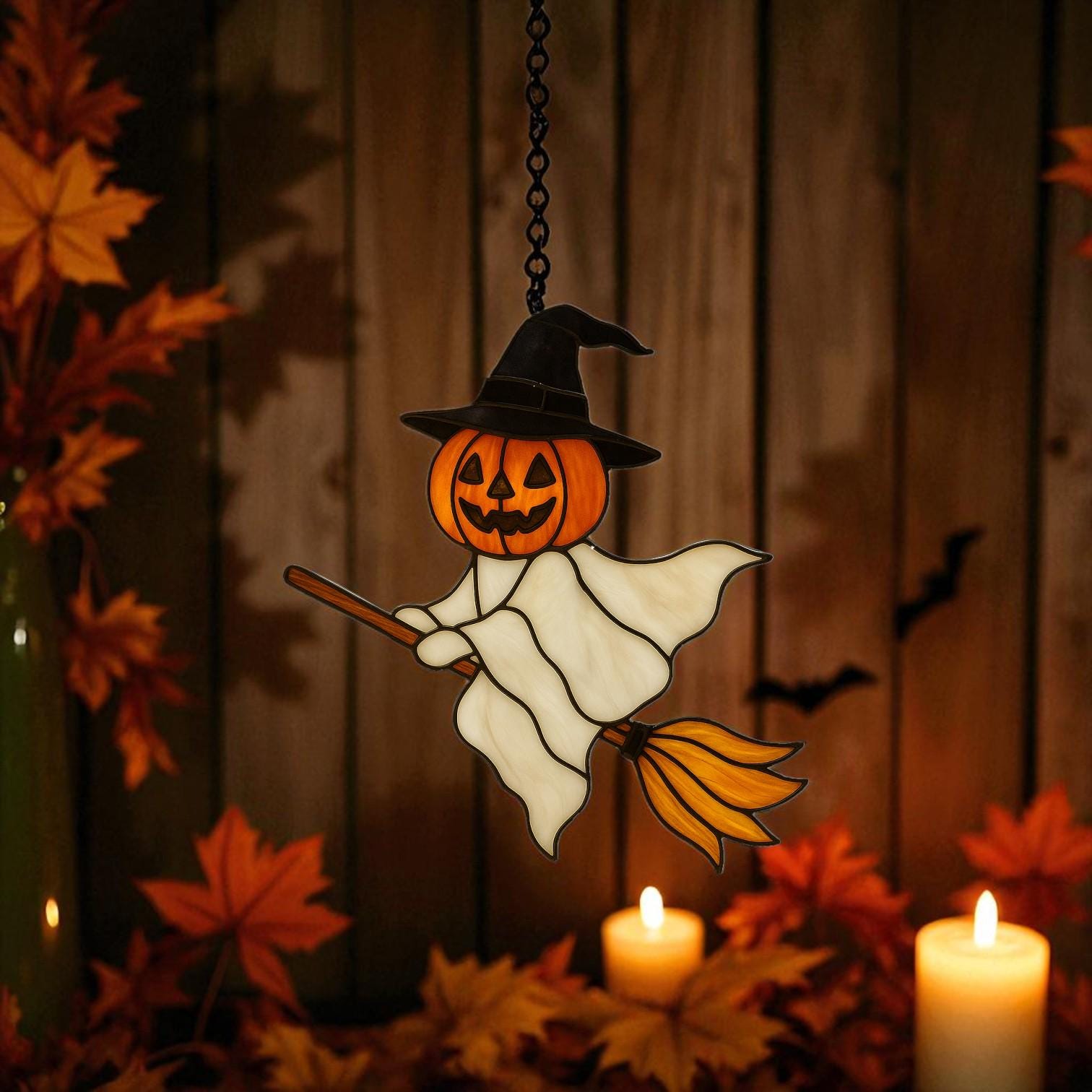 ハロウィンのステンドグラスのパターン：かぼちゃのゴーストサン