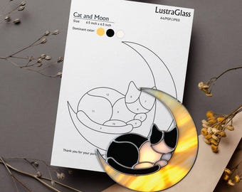 Patrón de vitral para atrapasol de gato y luna: Arte para ventanas DIY (Descarga PDF tamaño A4)