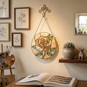 Yellow Rose Stained Glass Pattern PDF | Circle Flower Suncatcher | Amber Rose Botanical Decor | Lustraglass