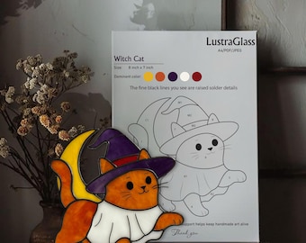 Witch Cat Stained Glass Pattern PDF – Halloween Cat Template, DIY Suncatcher Digital Design, Instant Download