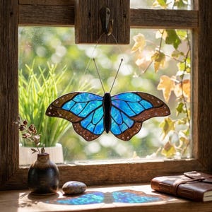 Op de afbeelding: Een vlinder-zonnevanger van glas-in-lood met iriserende blauwe vleugels, bruine randen en witte accenten. De vlinder heeft een zwart lichaam en dunne draadantennes en hangt aan een doorzichtig draadje aan een houten haak in een raamkozijn.