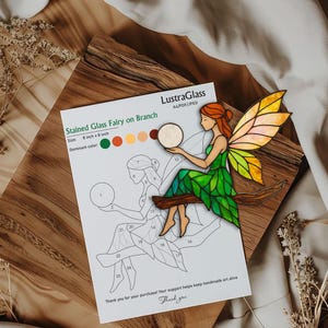 Fairy on Branch Stained Glass Pattern: DIY Suncatcher Template (PDF Download A4 Size)