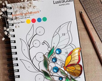 Butterfly and Branch Stained Glass Pattern PDF, Floral Butterfly Template, DIY Suncatcher Digital Download for Glass Art