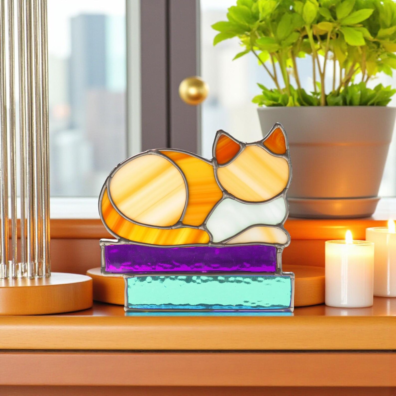 Cat on Books Stained Glass Pattern PDF – Cozy Cat Template, DIY ...