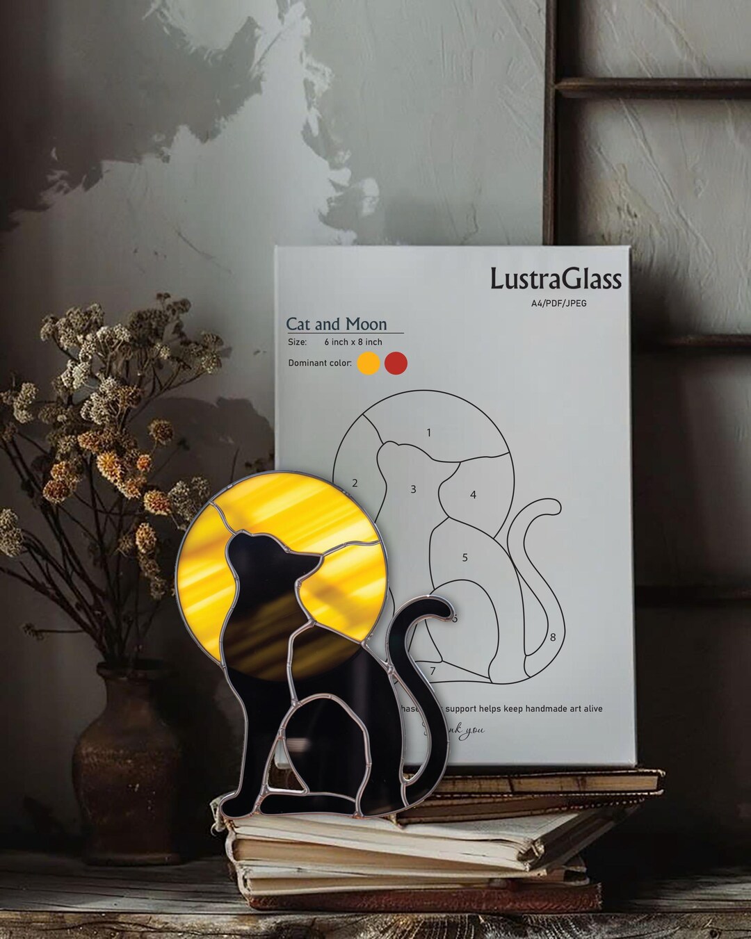 Cat and Moon Stained Glass Pattern: DIY Suncatcher Template (PDF ...