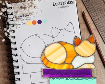 Cat on Books Stained Glass Pattern PDF – Cozy Cat Template, DIY Suncatcher Design, Instant Download