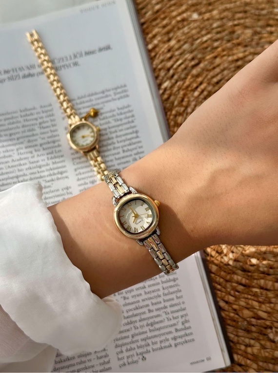 Two Tone Women's Watch: Dainty Gold Silver Bracelet Wristwatch