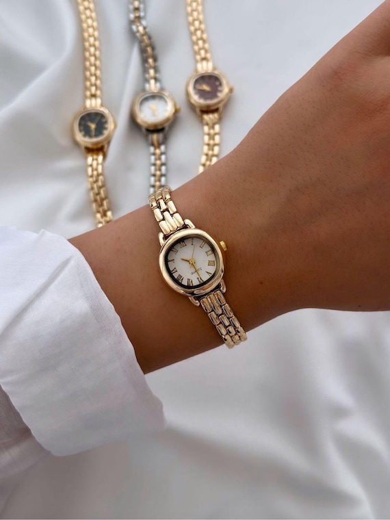 Gold Tone Women's Watch: Dainty Gold Bracelet Wristwatch