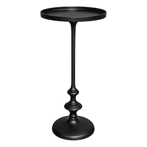 May include: A black metal side table with a round top and a slender, ornate stem. The table has a circular base and a matte finish. The overall height is approximately 28 inches.