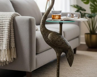 Handmade Aluminium Flamingo Side Table | Antique Brass Finish Glass Top