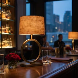 Lámpara de mesa artesanal con anillo de aluminio / Lámpara de noche con acabado en latón antiguo