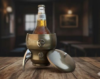 Balde de gelo submarino para vinhos, feito à mão em alumínio | Decoração para bar com acabamento em latão antigo