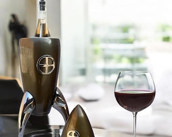 Resfriador de vinho em forma de foguete, feito à mão em latão antigo | Suporte para garrafa de alumínio