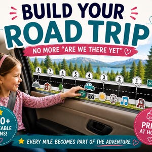 Op de afbeelding: Een roadtrip-activiteitenset met een zwarte wegstrook, uurmarkeringen van 1 tot 8, een bestemmingsbord en diverse kleurrijke iconen. De tekst luidt BUILD YOUR ROAD TRIP, NO MORE ARE WE THERE YET, 300+ MOVEABLE ICONS, PRINT AT HOME en EVERY MILE BECOMES PART OF THE ADVENTURE.