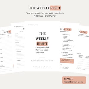 Könnte beinhalten: Ein druckbarer und digitaler Planer mit dem Titel The Weekly Reset, der 15 Seiten zur Organisation von Aufgaben, Essensplanung und Haushaltsroutinen enthält. Das Layout umfasst Abschnitte für die Tagesplanung mit sanften pfirsichfarbenen Akzenten.