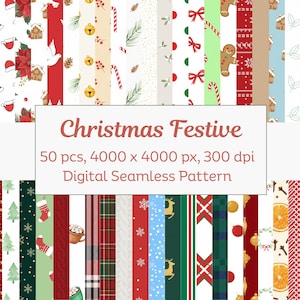 Könnte beinhalten: Eine Sammlung digitaler nahtloser Muster mit Weihnachtsmotiven. Die Muster zeigen festliche Elemente wie Lebkuchenmänner, Zuckerstangen und Weihnachtsstern. Der Text "Christmas Festive" ist enthalten.