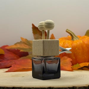 May include: A small, square, dark-colored glass bottle with a wooden top and two wooden lollipop-shaped diffusers. A white clip is attached to the wooden top. The bottle sits on a wooden slice with fall leaves and a pumpkin in the background.