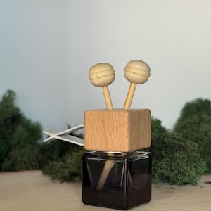 May include: A small, square, dark glass bottle with a wooden top and two wooden ball-shaped diffusers. The diffuser is designed for use in a car or small space. The background features green moss and a light-colored surface.