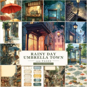 May include: A digital download titled "Rainy Day Umbrella Town" with 120 pages. The image features watercolor illustrations of European cityscapes with umbrellas, cafes, and bus stops. The color palette includes blues, oranges, and yellows.