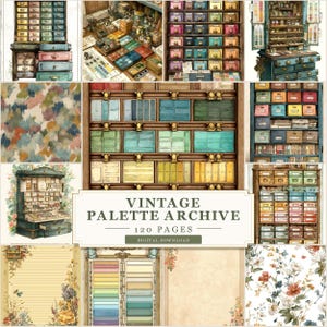 Puede incluir: Un collage de imágenes que muestra un archivo de paletas vintage. Las imágenes presentan cajones coloridos, muestras de pintura y detalles florales. El texto "VINTAGE PALETTE ARCHIVE" y "120 PAGES DIGITAL DOWNLOAD" son visibles.