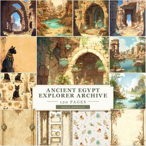 May include: A digital download titled "Ancient Egypt Explorer Archive" with 120 pages. The image features a collage of illustrations depicting ancient Egyptian architecture, landscapes, and a black cat with gold jewelry.