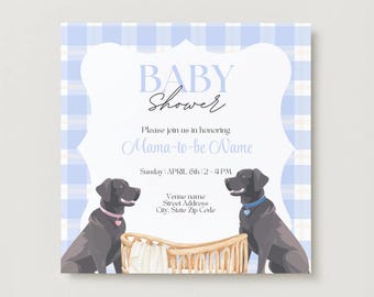 Baby Boy Shower Invitation | Blue Gingham Baby Shower Invite | Dog Theme Baby Shower | Black Lab Puppy | Editable Printable Instant Download