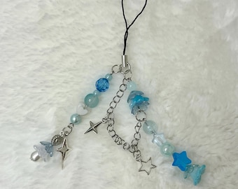 Handmade Blue Beaded Phone Charm with Star Charms