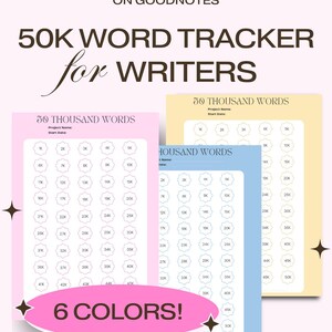 May include: Printable 50K Word Tracker for Writers in six colors. The design includes a word count tracker with spaces for project name and start date. The text "50 Thousand Words" is displayed.