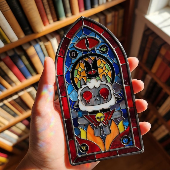 Cult of the Lamb Inspired Stained Glass Standing Panel, Gothic Window Style Glass Decor, Light Transmitting Display, Game Art Gift