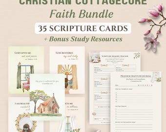 Christian Cottagecore Scripture Cards Printable | 35 Affirmation Cards + Bible Study Kit | Women's Ministry Gift