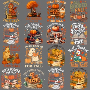 May include: A collection of fall-themed illustrations featuring pumpkins, books, and coffee cups. Each design includes the phrase "Fully Booked" and other text like "This Fall" or "For Fall". The images have a cozy, autumnal aesthetic.