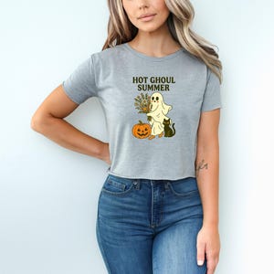 Retro Halloween Crop Top: Ghost, Pumpkin & Black Cat Shirt