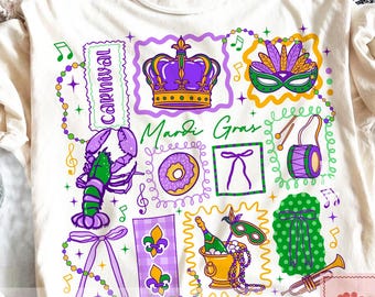 Mardi Gras Doodle Icons Png, New Orleans Carnival Png, Coquette Bow Mardi Gras Png, Fat Tuesday Png, Colorful NOLA Celebration Elements Png